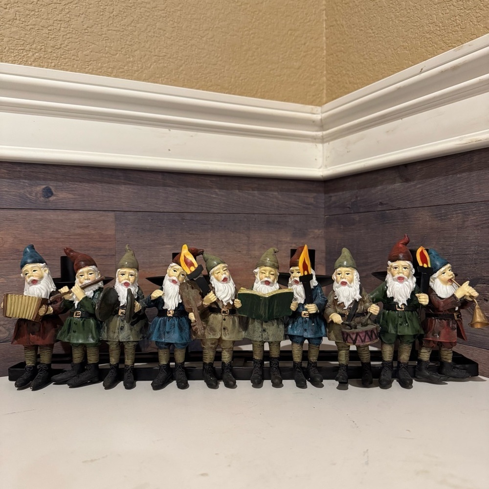 Scandinavian 10 Musical Garden Gnomes Candelabra 4 Candles Metal 15.75 Folk Art